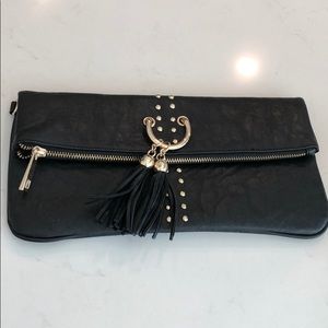 Cache Black Fold-Over Clutch with Tassel and Studs